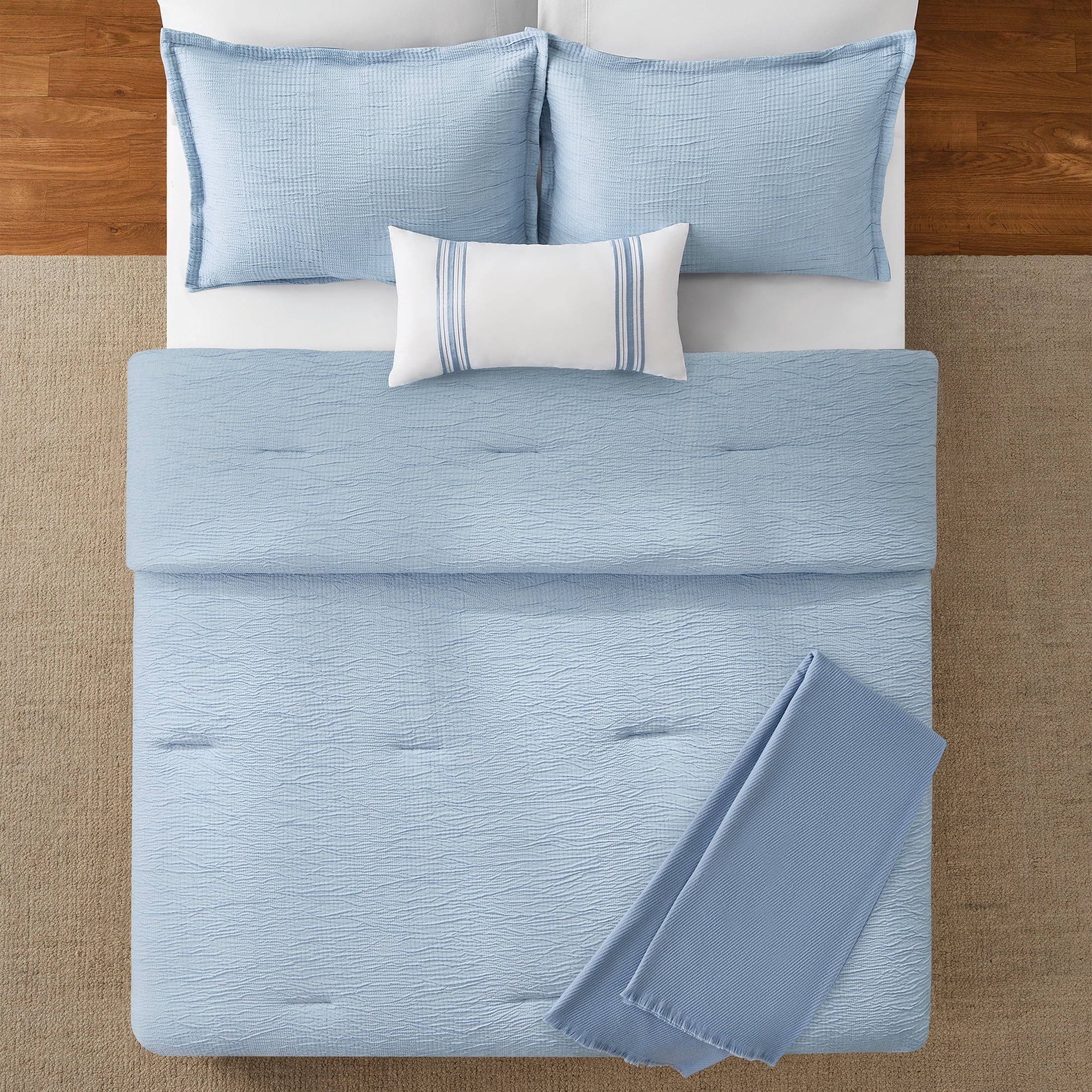 Fluffy Down Alternative Full/Queen Comforter Set, All-Season, 5-Piece, Blue Matelasse Tonal Stripe - Hypoallergenic Ultra-Fluffy Quilt for Winter Detail