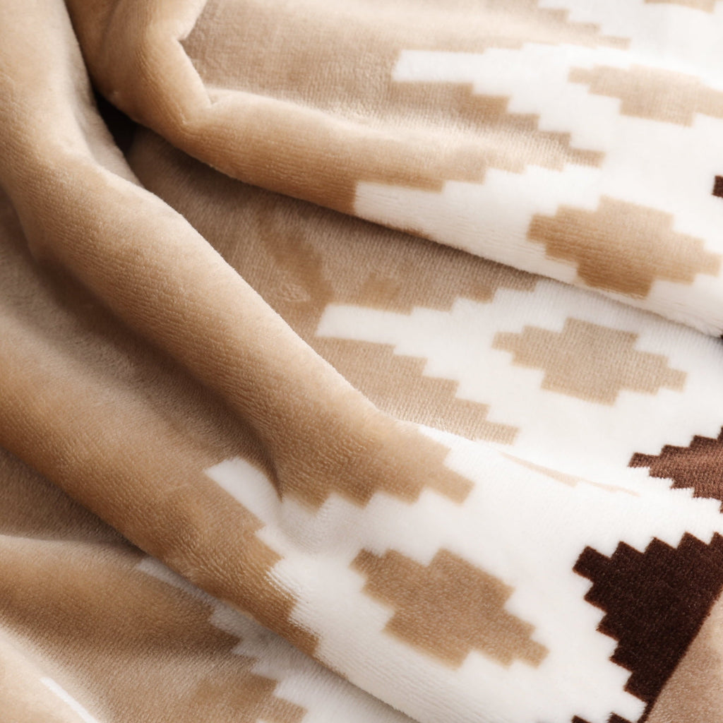 Cozy Fleece Printed Velvet Plush Reverse to Faux Fur Super Soft Throw Blanket, Oversized, Linder Border Beige - Luxury Knitted Decorative Throw Blanket with Fringes Detail