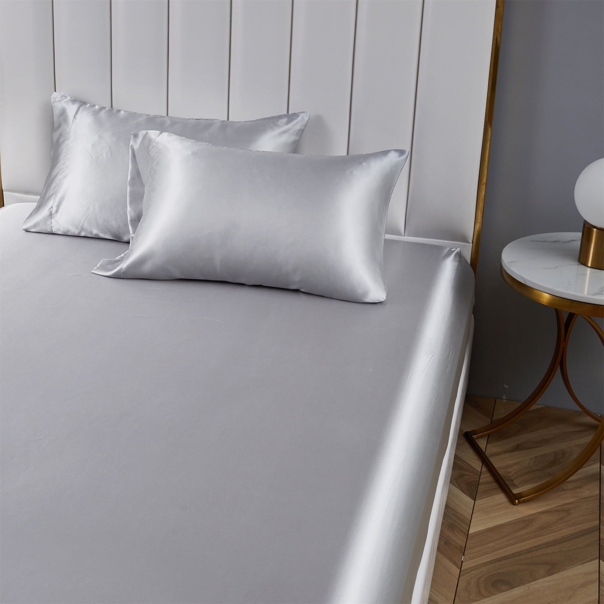 Wrinkle-Resistant Satin Fitted Sheet King Size 14 Inch Deep Pocket Bed Sheet Silk Sheet Ultra Soft Machine Washable, Light Gray - Cooling Hotel Quality Bedding Sheets and Pillowcases Detail