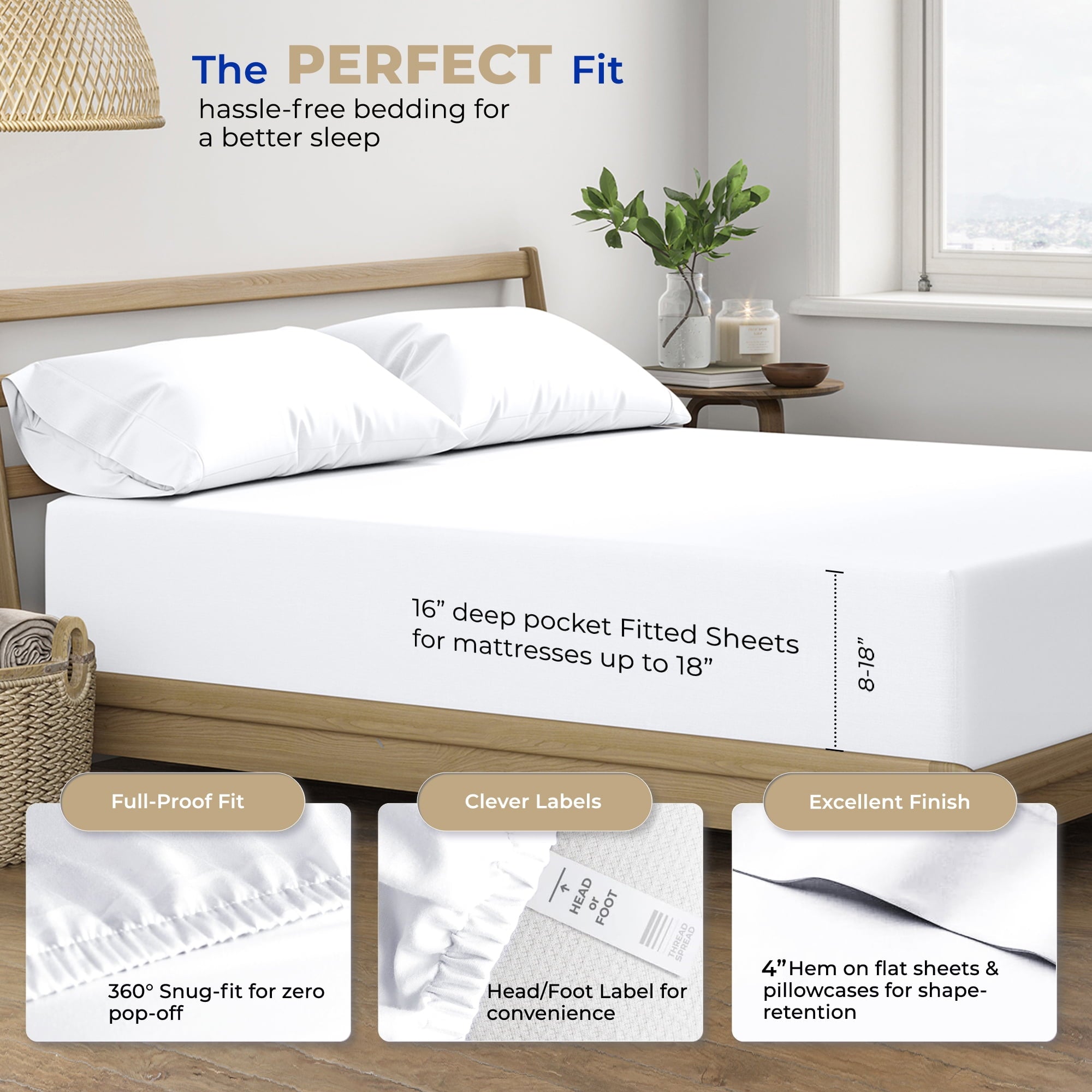 Premium Egyptian Cotton King Size Cotton Sheets Set - 400 Thread Count 4 PC 100% Cotton Sheets for King Bed, 16 In Deep Pocket King Size Cott... - Breathable Egyptian Cotton Flat & Fitted Sheets Detail