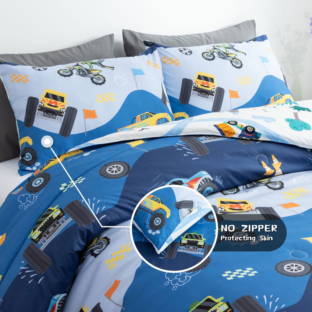 All-Season 3Pcs Reversible Construction Truck Twin Comforter Set for Boys Kids Excavator Vehicle Motorcycle Bedding Set Blue - Hypoallergenic Ultra-Fluffy Quilt for Winter Detail