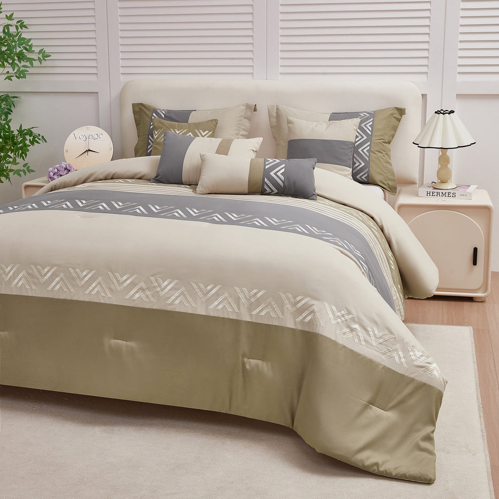 All-Season 7 Piece Embroidery Design Bed-in-a-Bag, Taupe Queen Size Ultra Soft Comforter Set for Adults - All-Season Down Alternative Comforter Insert Detail