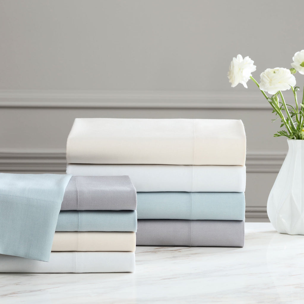 Ultra-Soft 4-Piece White Lyocell & Linen Blend Percale Bed Sheet Set, Queen - Luxury Bed Sheet Set with Deep Pockets Detail