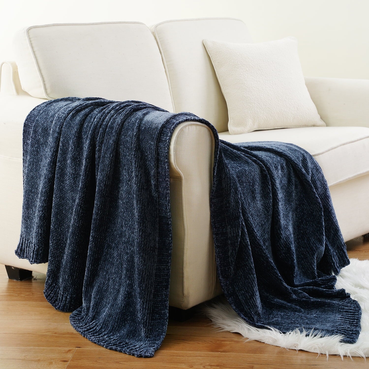 Lightweight Warm Navy Blue Chenille Throw for Couch Bed,Soft Navy Knit Blanket, Housewarming Gifts, 51"x 67" - Cozy Fleece Throw Blanket for Couch & Bed Detail