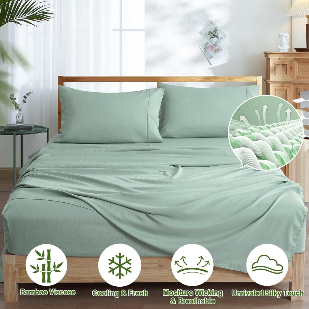 Premium Egyptian Cotton Bamboo Bed Sheet Sets, 4 Pieces King Silky Soft Bedding Sheets, 1800 Thread Count 16 Inch Deep Pockets, Sage Green - Luxury Bed Sheet Set with Deep Pockets Detail