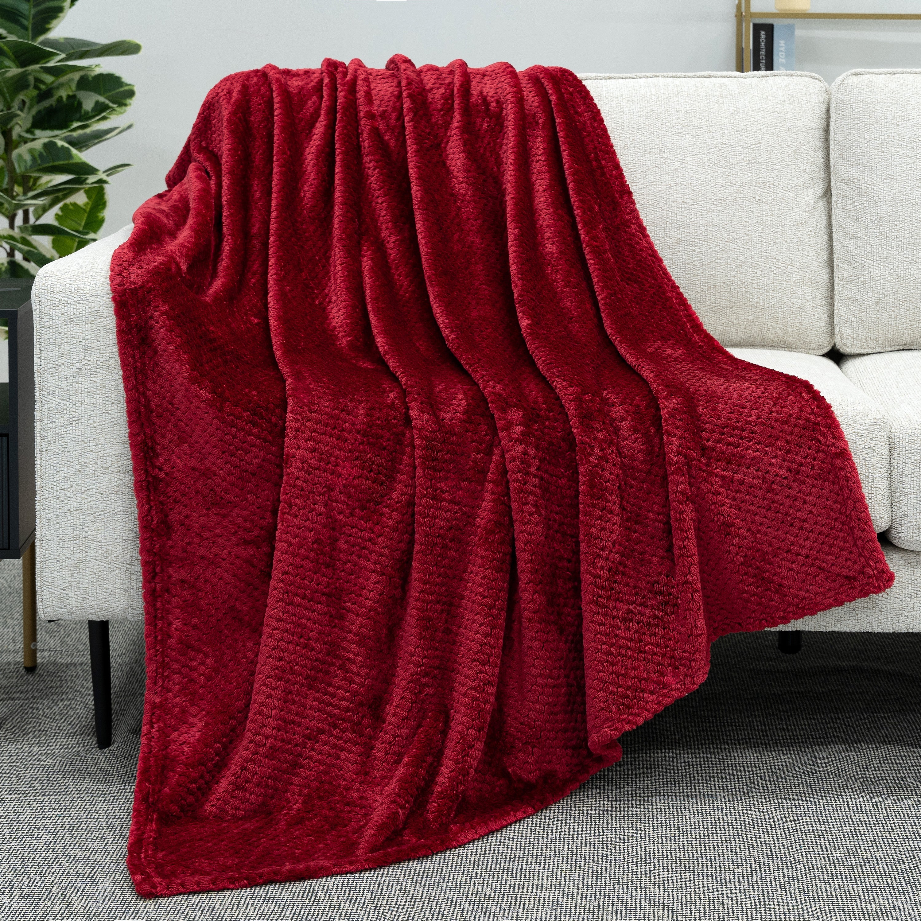 Decorative Knitted Maroon Red Throw Blanket for Couch, Twin Bed, Soft Fleece Throws for Sofa Chair, Fuzzy Waffle Textured Blanket, Cozy ... - Super Soft Reversible Sherpa Flannel Blanket Detail