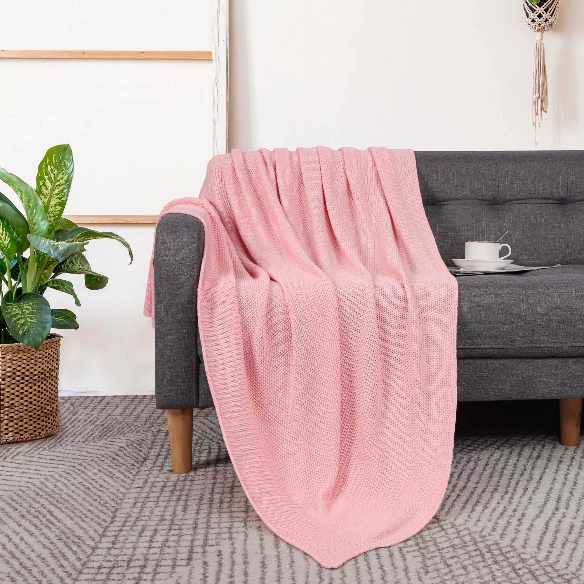 Decorative Knitted Pure Cotton Soft Cable Knit Throw Blanket Pink 50" x 70" - Luxury Knitted Decorative Throw Blanket with Fringes Detail