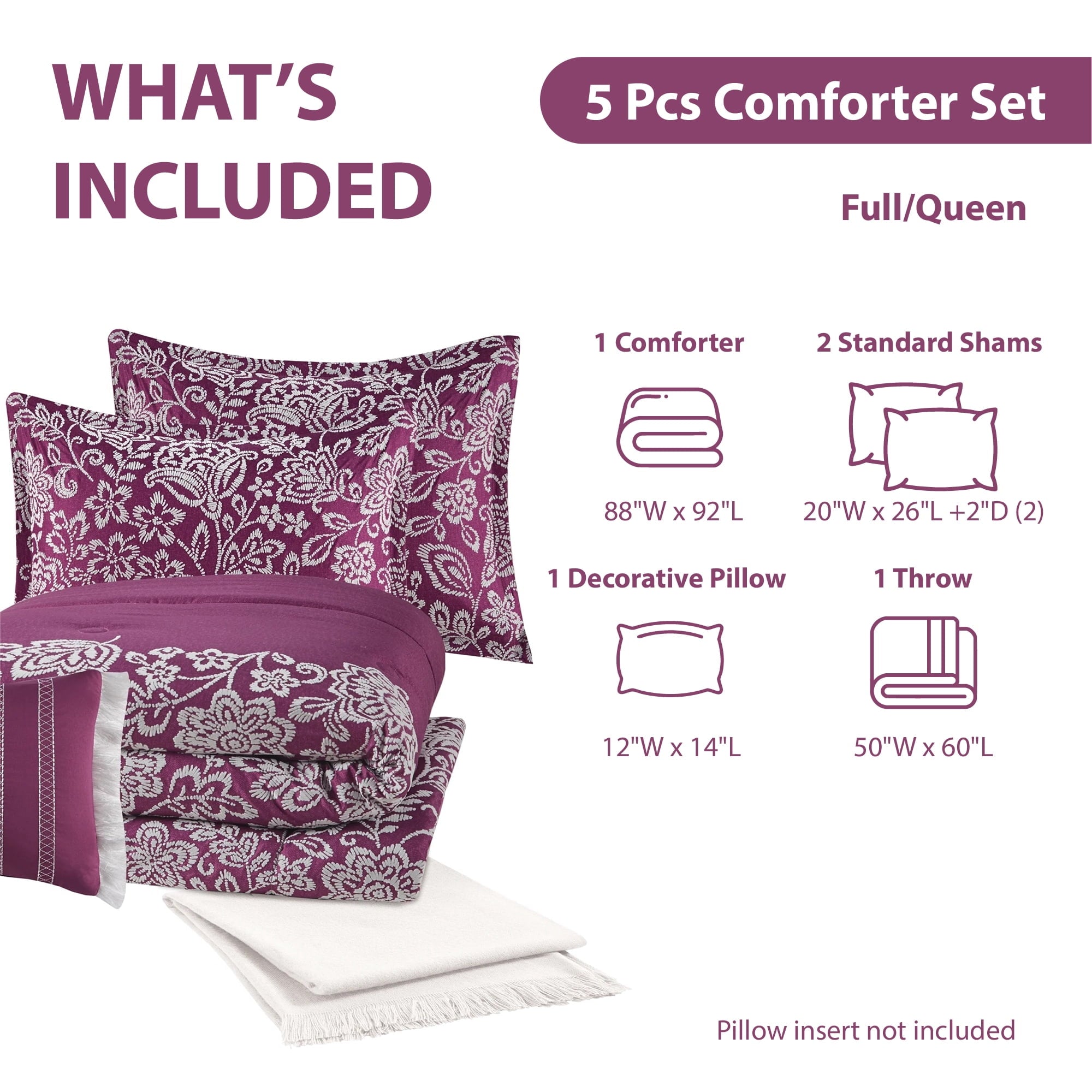Hypoallergenic Cloud 5-Piece Jacquard Comforter Set with Decor Pillow and Throw Purple Flocking Embroidery Bedding Set, Full/Queen - Hypoallergenic Ultra-Fluffy Quilt for Winter Detail