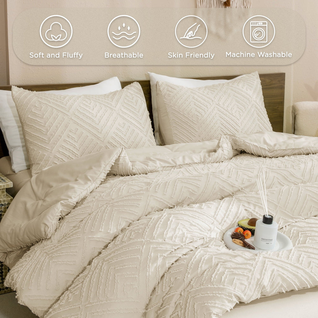 Hypoallergenic Cloud King Size Comforter Sets Beige - 3 Pieces Cream Boho Bedding Comforter Set for King Bed - Soft Fluffy Tufted Textured... - All-Season Down Alternative Comforter Insert Detail