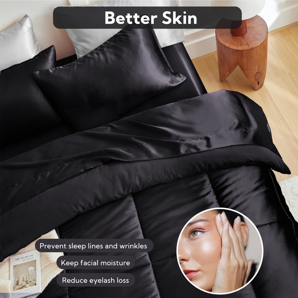 All-Season Reversible Satin Microfiber Comforter 3 Pieces Queen Size, Black Queen Comforter Set for All Seasons, Silky Soft Sati... - Luxurious Quilted Duvet Cover Set Detail