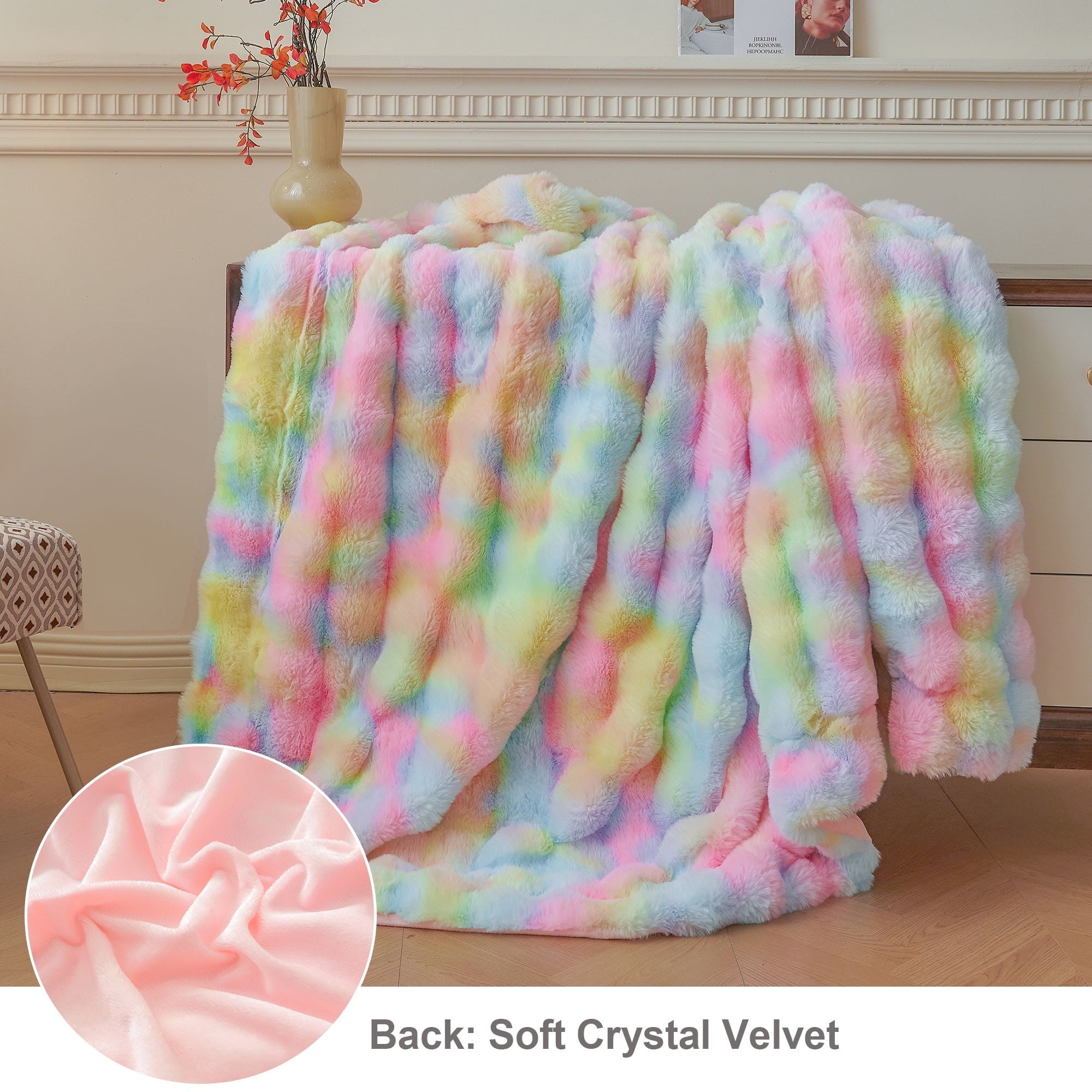 Cozy Fleece Fluffy Faux Rabbit Fur Bubble Throw, Rainbow Plush Shaggy Blanket for Couch Sofa Chair, Soft Tie Dye Furry Blanket Ad... - Lightweight Plush Warm Blanket for All Seasons Detail