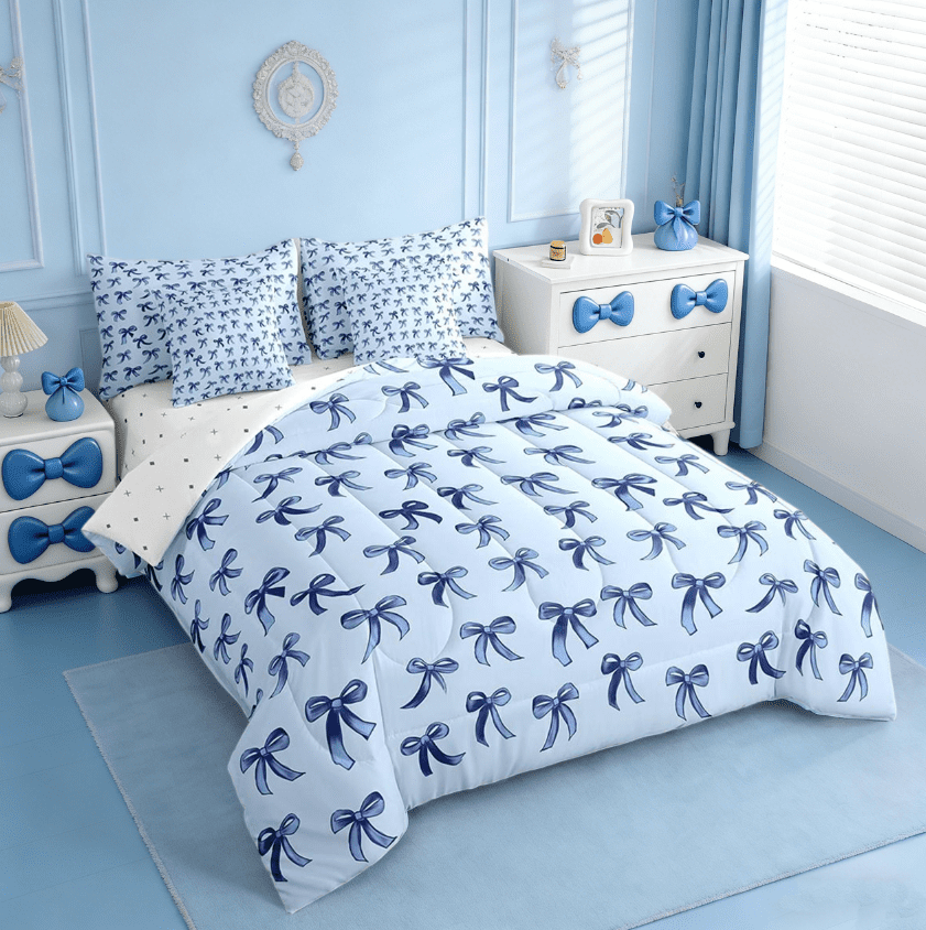 Luxurious Quilted Cute Bowknot Twin Bedding Sets 7-Piece,Girls Ribbon Bow Bedding Comforter Set,Dreamy Blue Sheet Sets For Girls,Super ... - All-Season Down Alternative Comforter Insert Detail