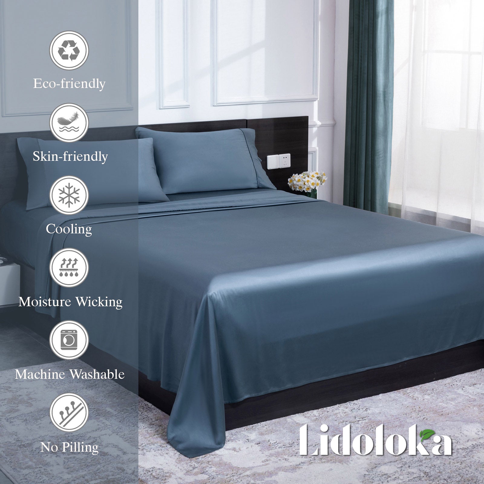 Ultra-Soft Luxury Bamboo Bed Sheets Set Full 4 Pcs for Adult,Soft&Cool,16" Deep Pocket,Blue Gray - Premium Ultra-Soft Pillowcase Pair for Sleeping Detail
