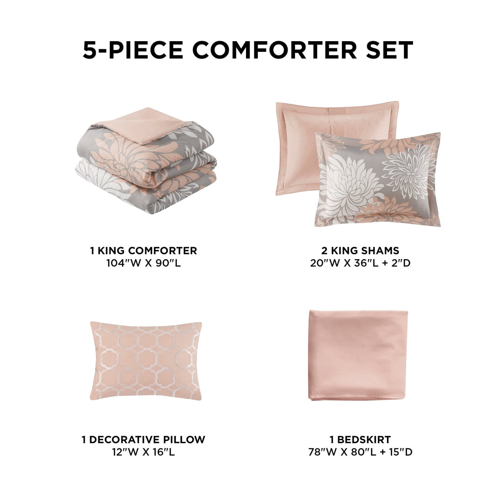 Hypoallergenic Cloud King Size Comforter Set, 5-Piece Floral Bedding Set for All Season, Blush Comforter Set King with Bed Skirt - Luxurious Quilted Duvet Cover Set Detail