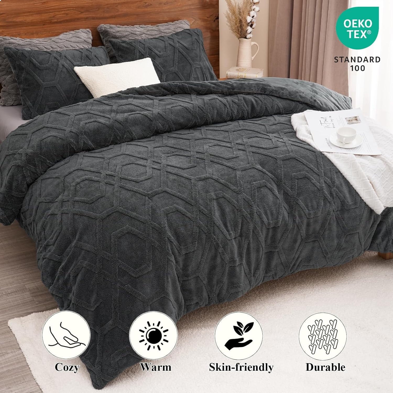 Heavyweight Warmth Warm Sherpa Fleece Queen Comforter Set, 3D Tufted Fluffy Dark Grey Bedding for Winter, Soft 3 Pieces Shaggy Bed Set, ... - Luxurious Quilted Duvet Cover Set Detail