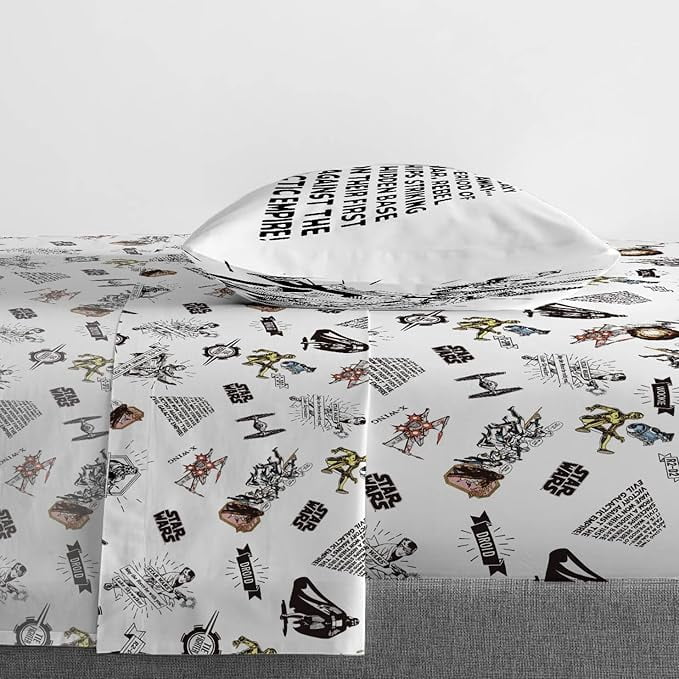 Cooling Sateen T-Shirt Comic 3 Piece Twin Size Bed Sheets Set - Disney Space Theme Bedding - Luxury Bed Sheet Set with Deep Pockets Detail