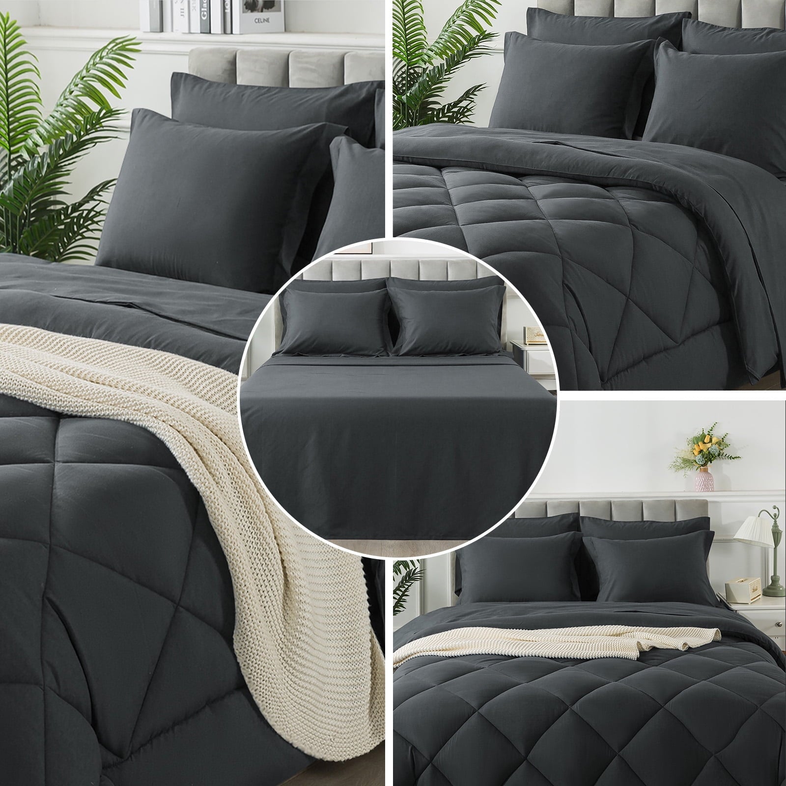 All-Season Queen Bed in a Bag Comforter Set with 7 Pieces - Dark Gray All Season Bedding Sets with Comforter, Pillow Shams, Flat... - Luxurious Quilted Duvet Cover Set Detail