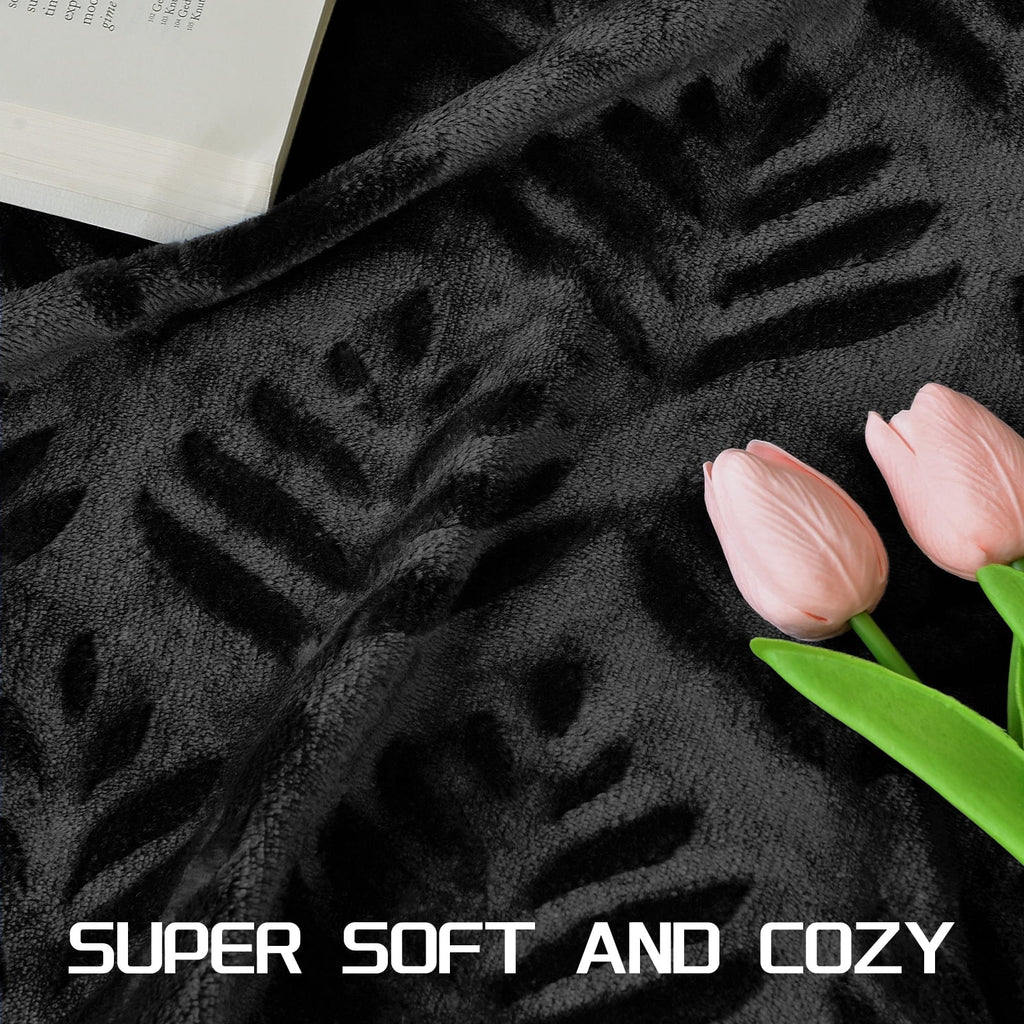 Reversible Sherpa Fleece Throw Blanket for Couch, Leaves Pattern Super Soft and Cozy Blankets, Plush Fuzzy Lightweight, Black, 50"x60" - Super Soft Reversible Sherpa Flannel Blanket Detail