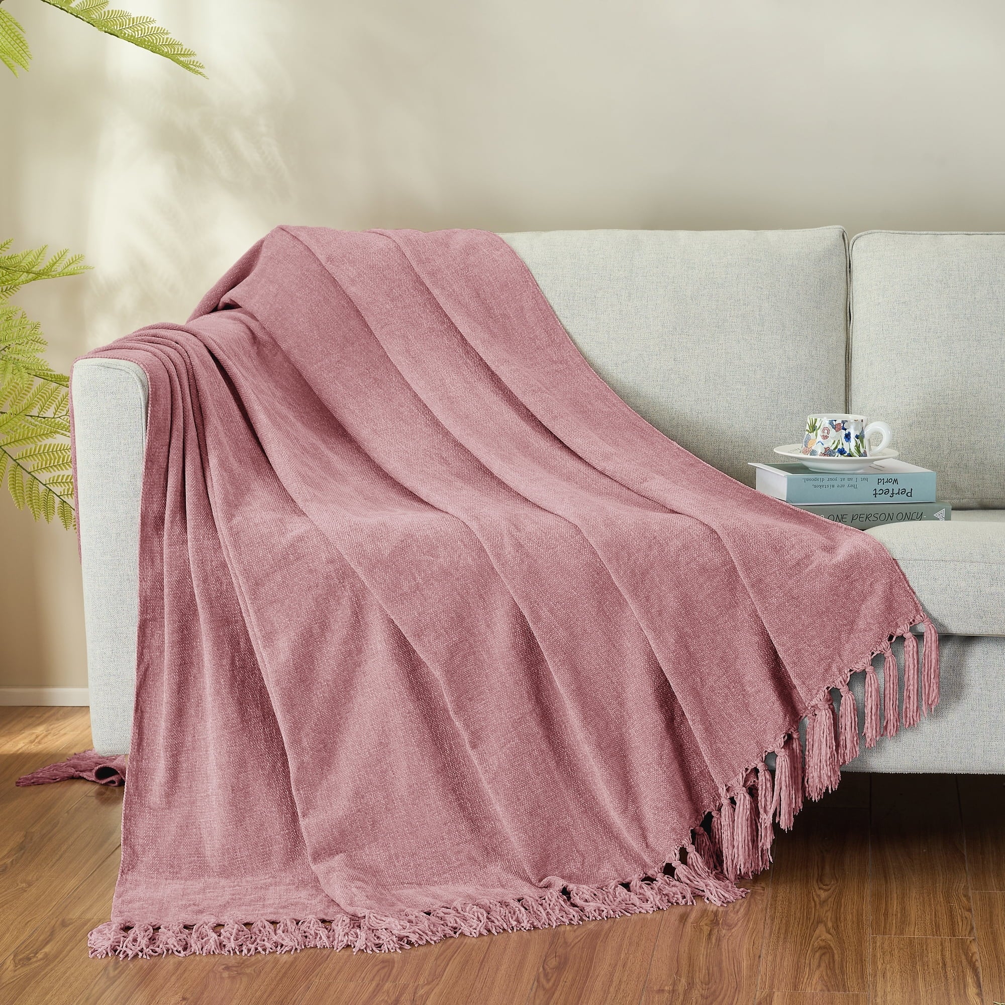 Decorative Knitted Chenille Throw Blanket with Fringe Tassel for Couch Sofa Chair Bed, Mauve 50" X 70" - Cozy Fleece Throw Blanket for Couch & Bed Detail