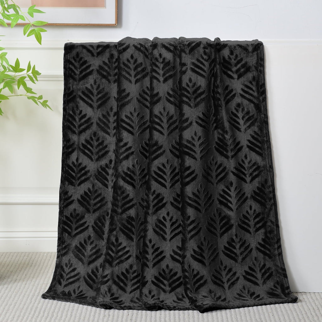 Reversible Sherpa Fleece Throw Blanket for Couch, Leaves Pattern Super Soft and Cozy Blankets, Plush Fuzzy Lightweight, Black, 50"x60" - Super Soft Reversible Sherpa Flannel Blanket Detail