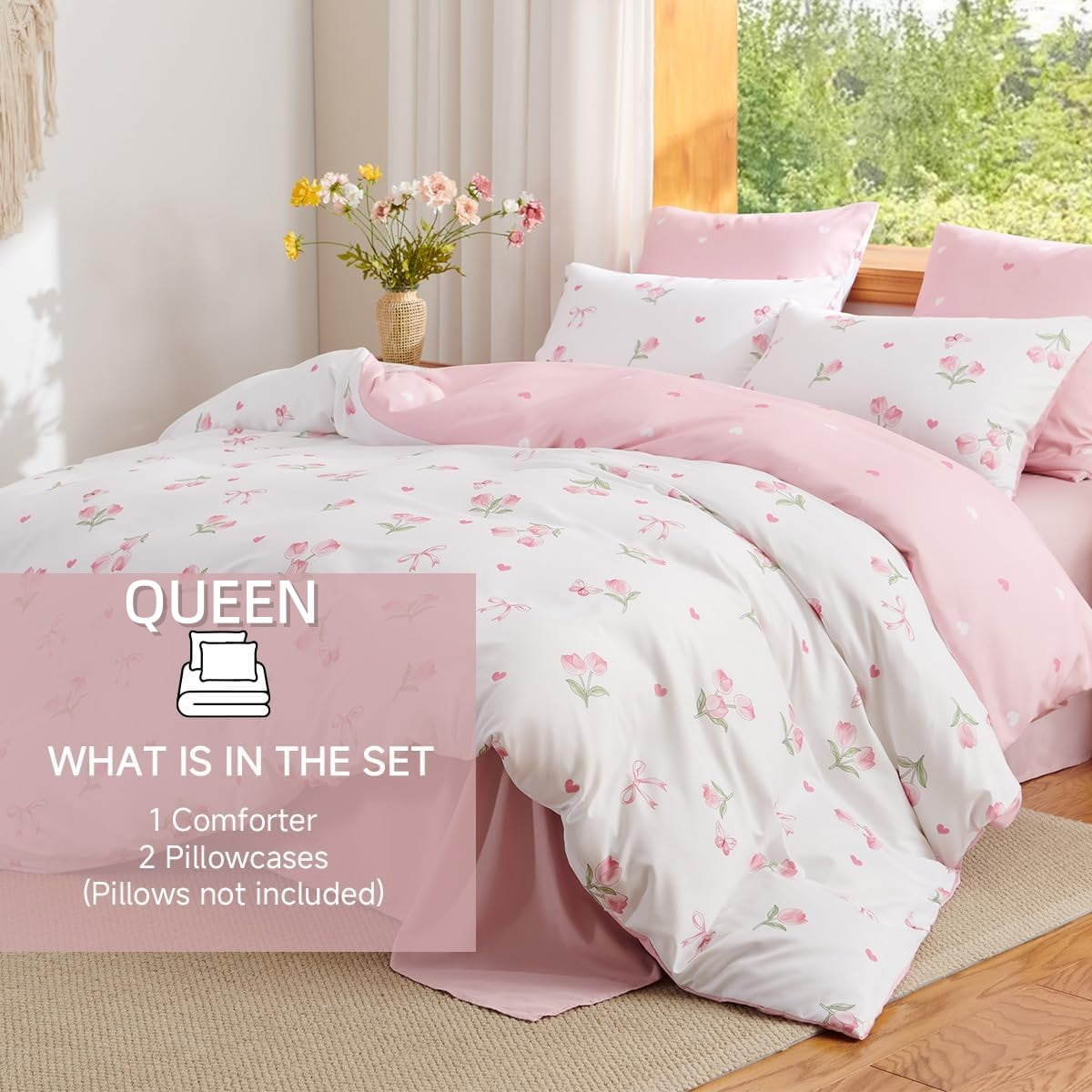 All-Season Pink Tulip Queen Comforter Set, 3-Piece Pink Flowers Reversible Soft Bedding Set or Adults All Season - Cloud-Like Soft Lightweight Bed Comforter Detail