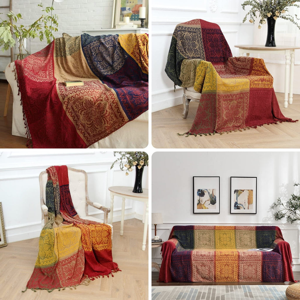 Reversible Sherpa 75x60 Inch Machine Wash Boho Tribal Throws Blankets Colorful Bohemian Hippie Chenille Throw Covers Couch Furniture So... - Luxury Knitted Decorative Throw Blanket with Fringes Detail