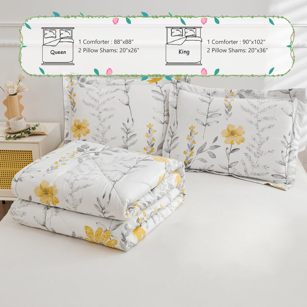 Heavyweight Warmth 3 Piece Comforter Set Queen Yellow Floral Quilt Microfiber Patchwork Bedspread - Luxurious Quilted Duvet Cover Set Detail