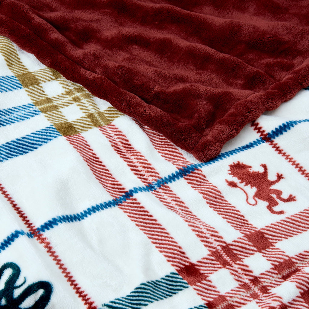 Lightweight Warm Academic Plaid Tartan Crest with Faux Leather Patch and Milky Mink Reverse Throw, 60x70 inches - Super Soft Reversible Sherpa Flannel Blanket Detail