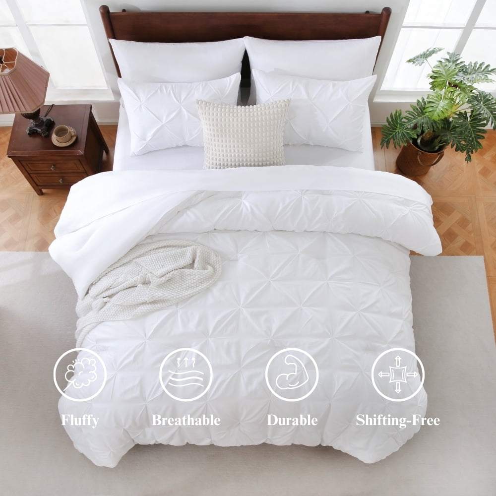 All-Season 7 Pieces Pinch-Pleated Comforter Set, White Queen Size - Cloud-Like Soft Lightweight Bed Comforter Detail
