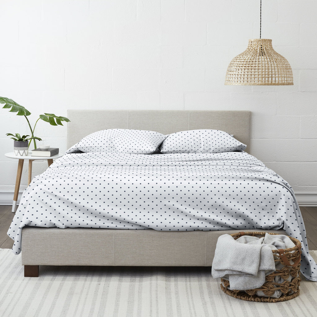 Cooling Sateen 4 Piece Pattern Microfiber Bed Sheets Set, Navy Dots, California King - Luxury Bed Sheet Set with Deep Pockets Detail