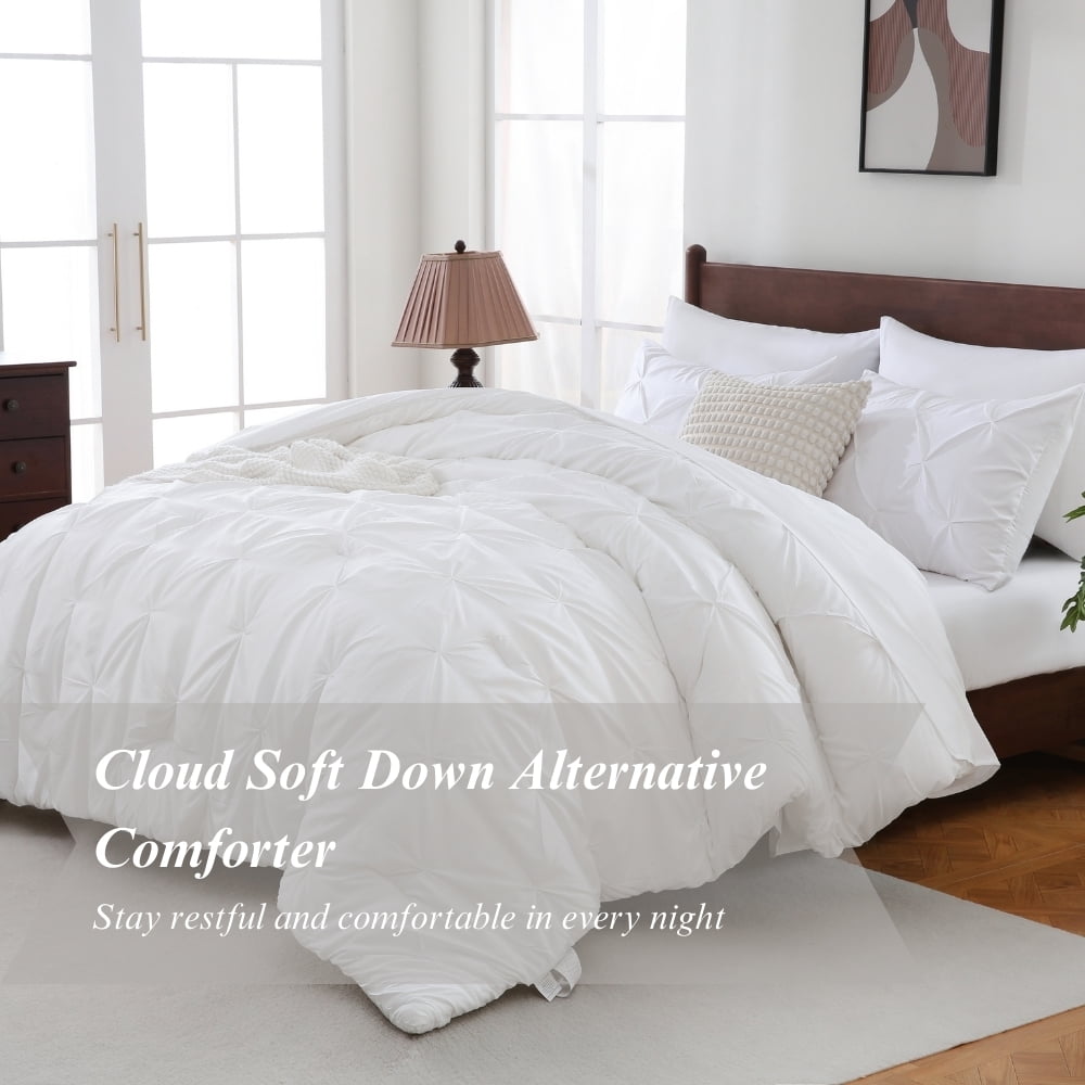 All-Season 7 Pieces Pinch-Pleated Comforter Set, White Queen Size - Cloud-Like Soft Lightweight Bed Comforter Detail