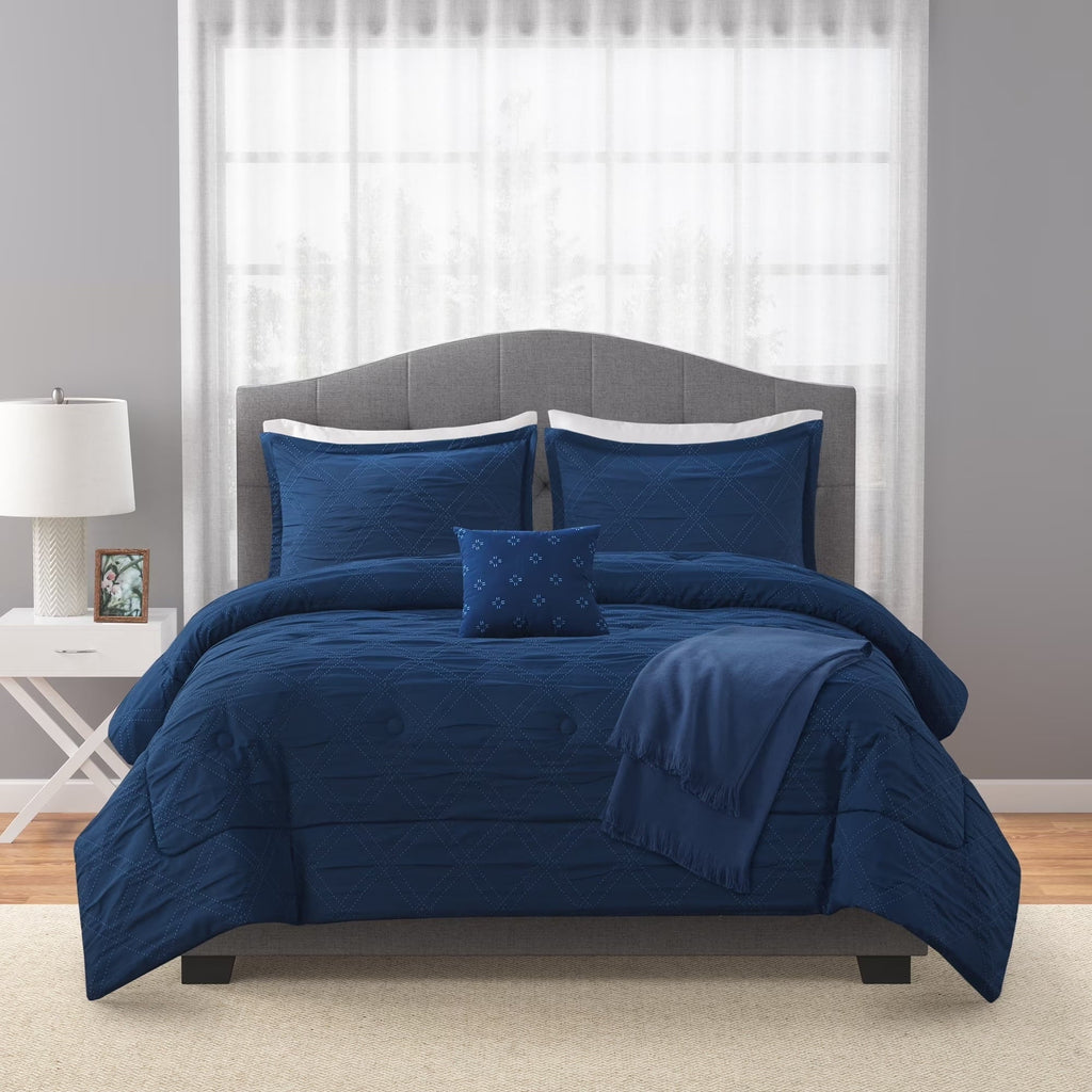 Fluffy Down Alternative 5-Piece Reversible Comforter Set Navy Cross Stitch Bedding with Decor Pillow and Throw, Full/Queen - All-Season Down Alternative Comforter Insert Detail