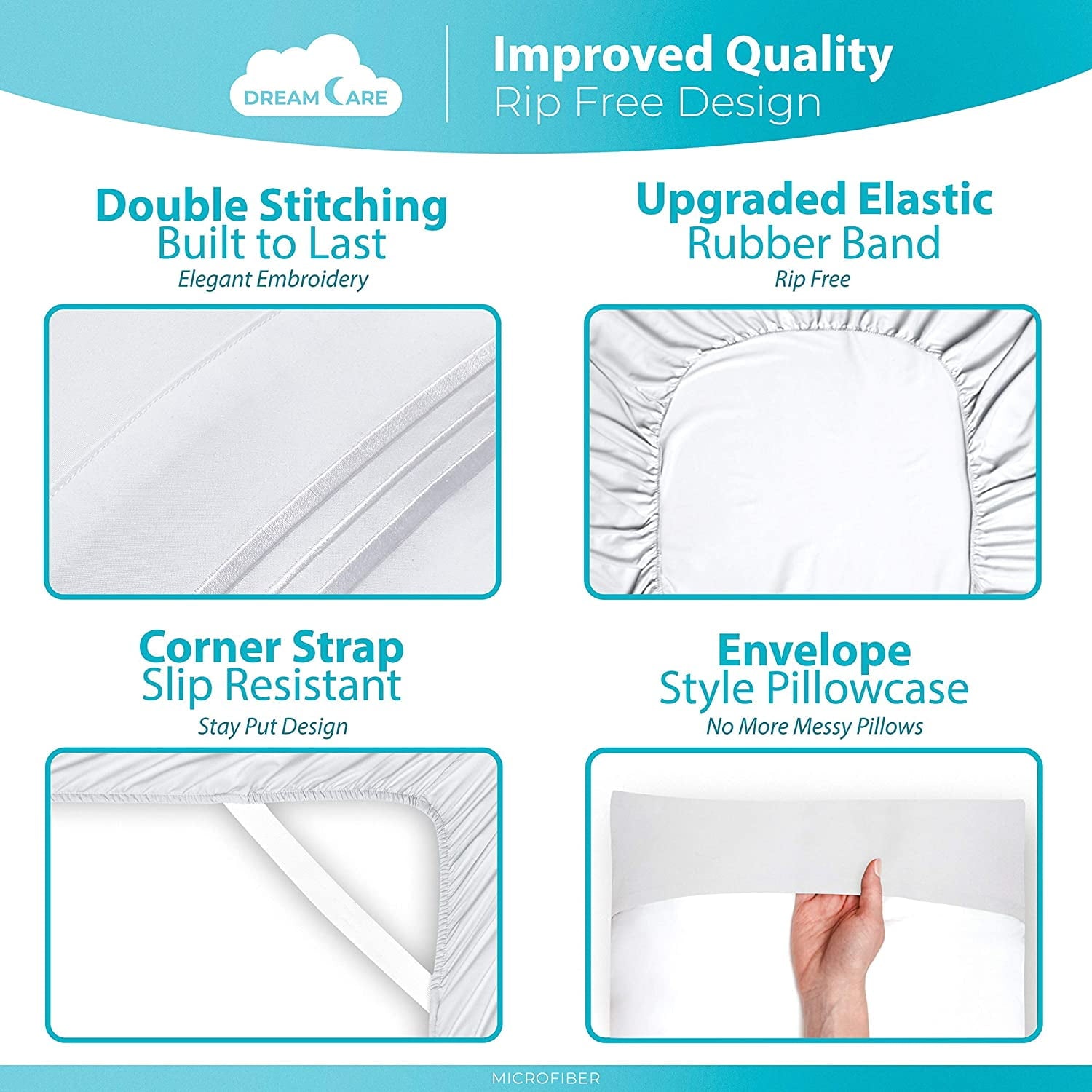 Cooling Sateen Bed Sheets Set - Queen Size Sheet with Side Pocket - 4pcs Set, 15 inches, White - Luxury Bed Sheet Set with Deep Pockets Detail