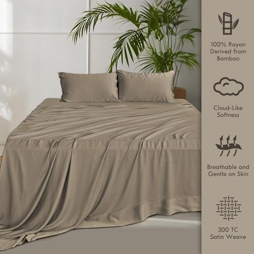 Premium Egyptian Cotton Home 4-Piece Queen Bamboo Bed Sheet Set, 100% Organic Cooling Fabric, 16" Deep Pocket, Taupe - Breathable Egyptian Cotton Flat & Fitted Sheets Detail