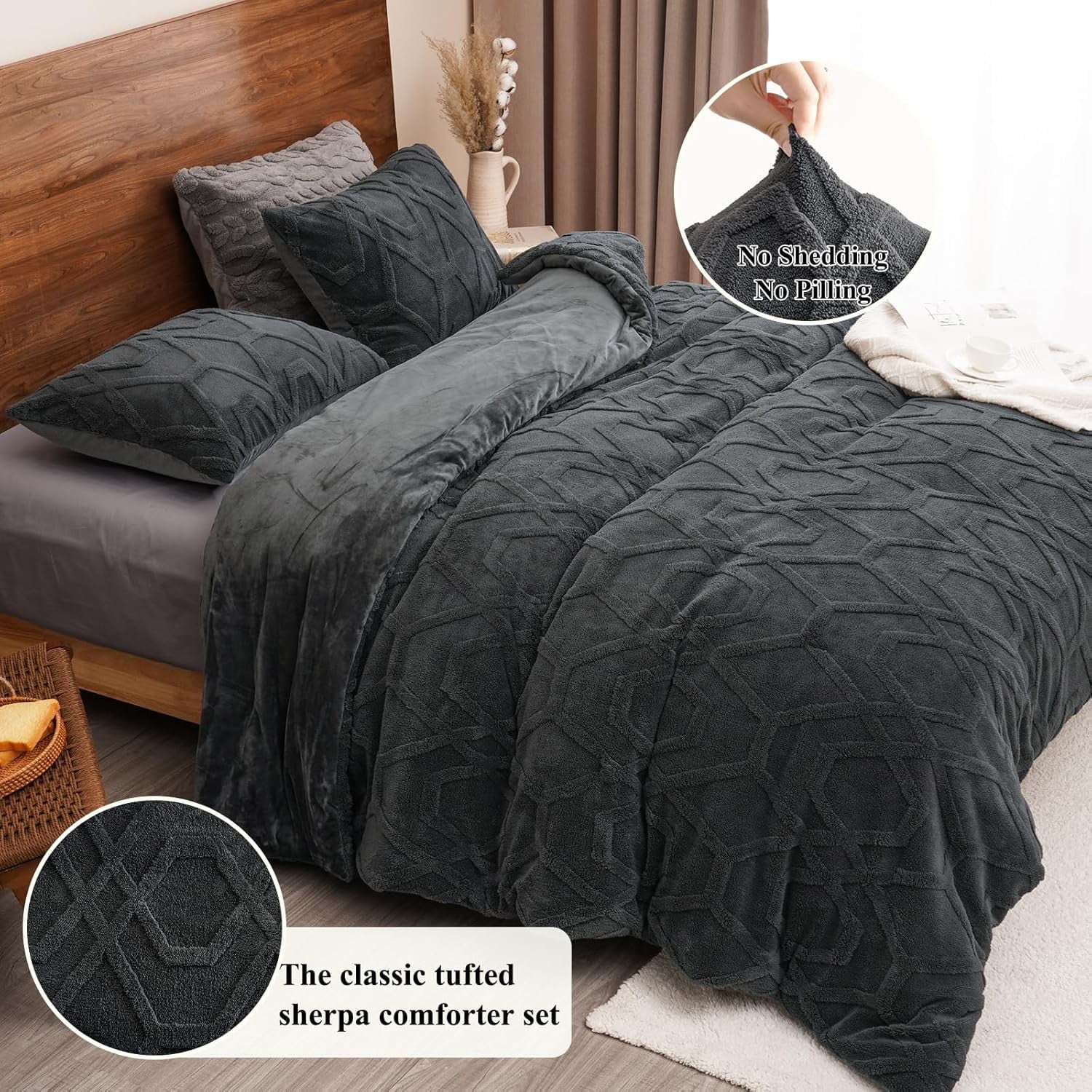 Heavyweight Warmth Warm Sherpa Fleece Queen Comforter Set, 3D Tufted Fluffy Dark Grey Bedding for Winter, Soft 3 Pieces Shaggy Bed Set, ... - Luxurious Quilted Duvet Cover Set Detail