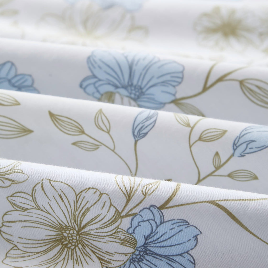 Luxurious Quilted Cotton Comforter Sets Queen Size, 3 Pieces Botanical Blue Floral Reversible Bedding Sets for Adults All Season - Luxurious Quilted Duvet Cover Set Detail