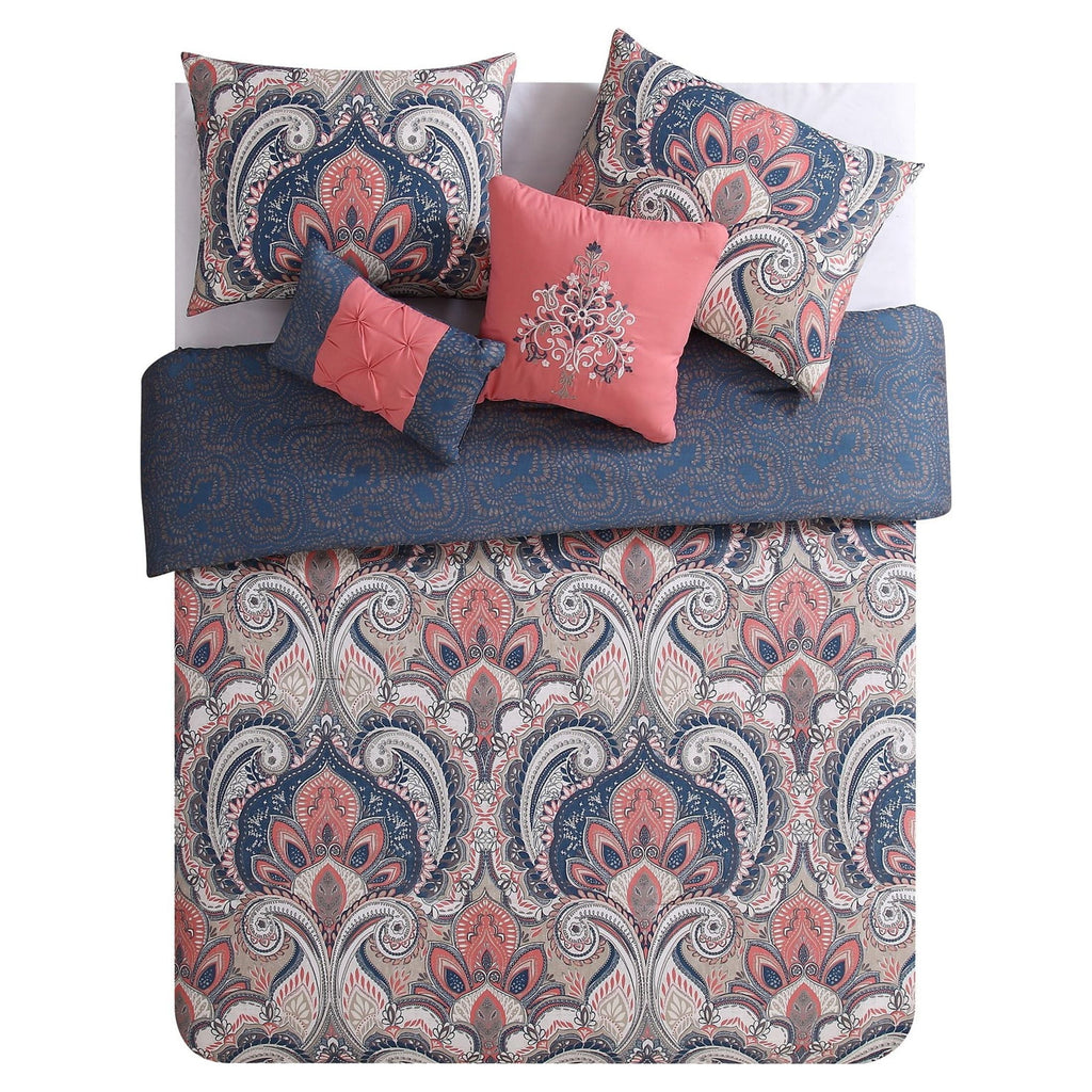 Fluffy Down Alternative Casa Real 5-Piece Coral Damask Reversible Comforter Set, King, Adult, Unisex - Cloud-Like Soft Lightweight Bed Comforter Detail