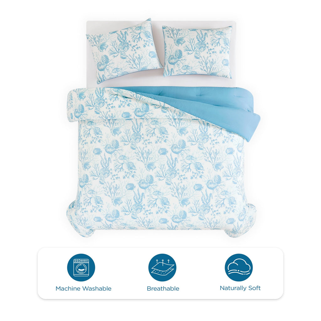 All-Season 3-Piece Lightweight 100% Cotton Blue & White Ocean Print Comforter Set, Full/Queen - Hypoallergenic Ultra-Fluffy Quilt for Winter Detail