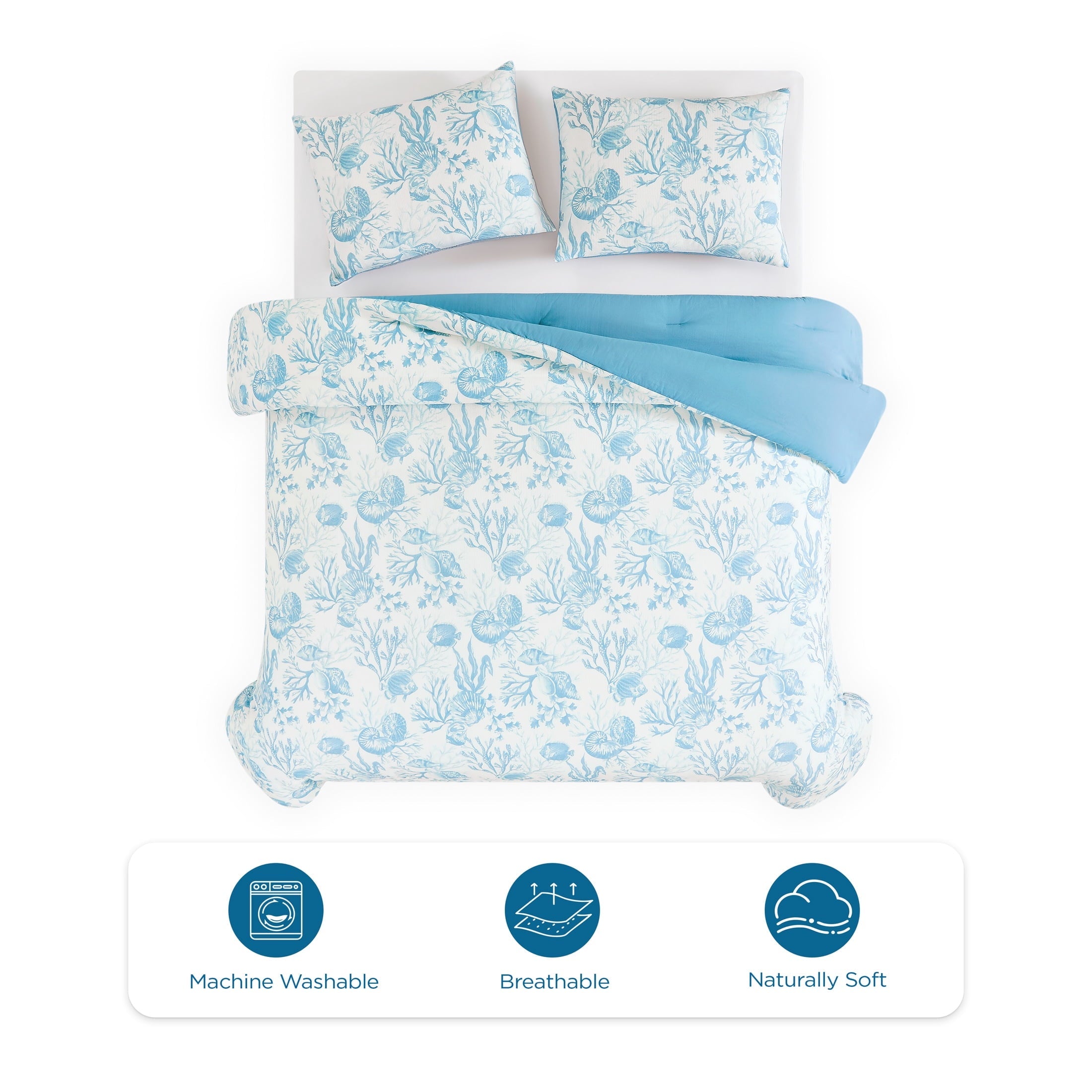 All-Season 3-Piece Lightweight 100% Cotton Blue & White Ocean Print Comforter Set, Full/Queen - Hypoallergenic Ultra-Fluffy Quilt for Winter Detail