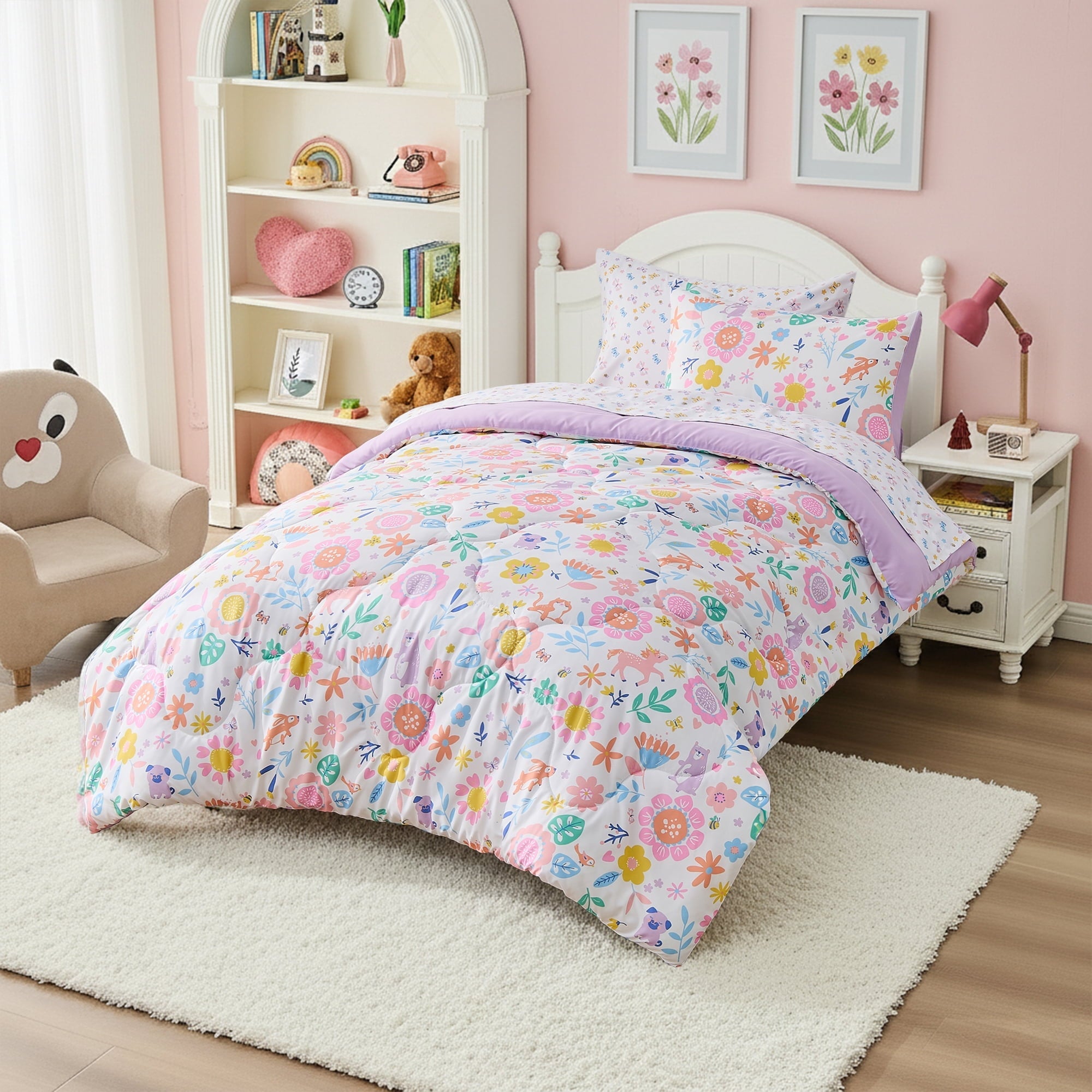 Luxurious Quilted Floral Comforter Set, Soft Microfiber Flower Bedding Set, 5 Pieces with Comforter, Sheets and Pillowcases, Twin - Luxurious Quilted Duvet Cover Set Detail