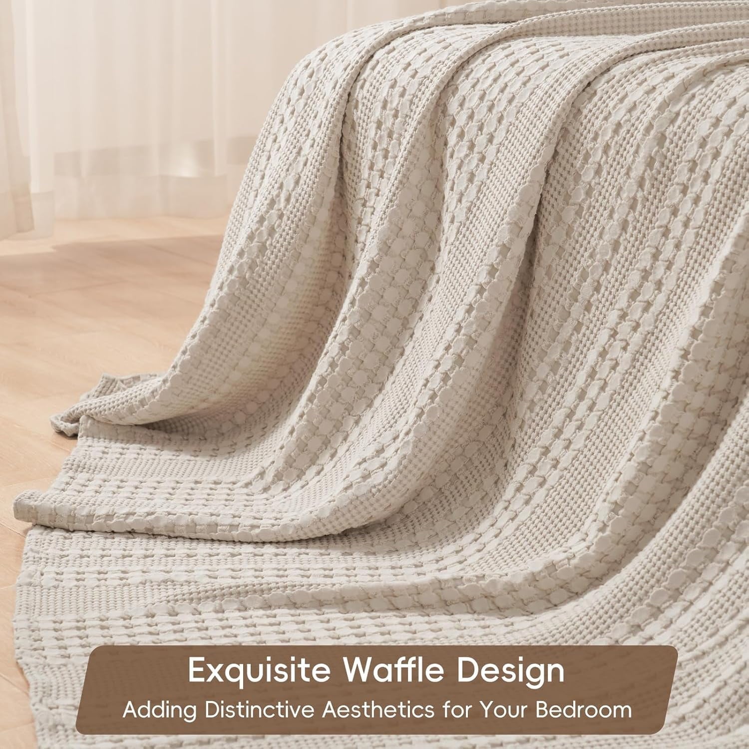 Reversible Sherpa 100% Cotton Waffle Weave Blanket, Lightweight Throw Washed Blanket for Bed Sofa Home Decor, Oatmeal, 50"x60" - Cozy Fleece Throw Blanket for Couch & Bed Detail