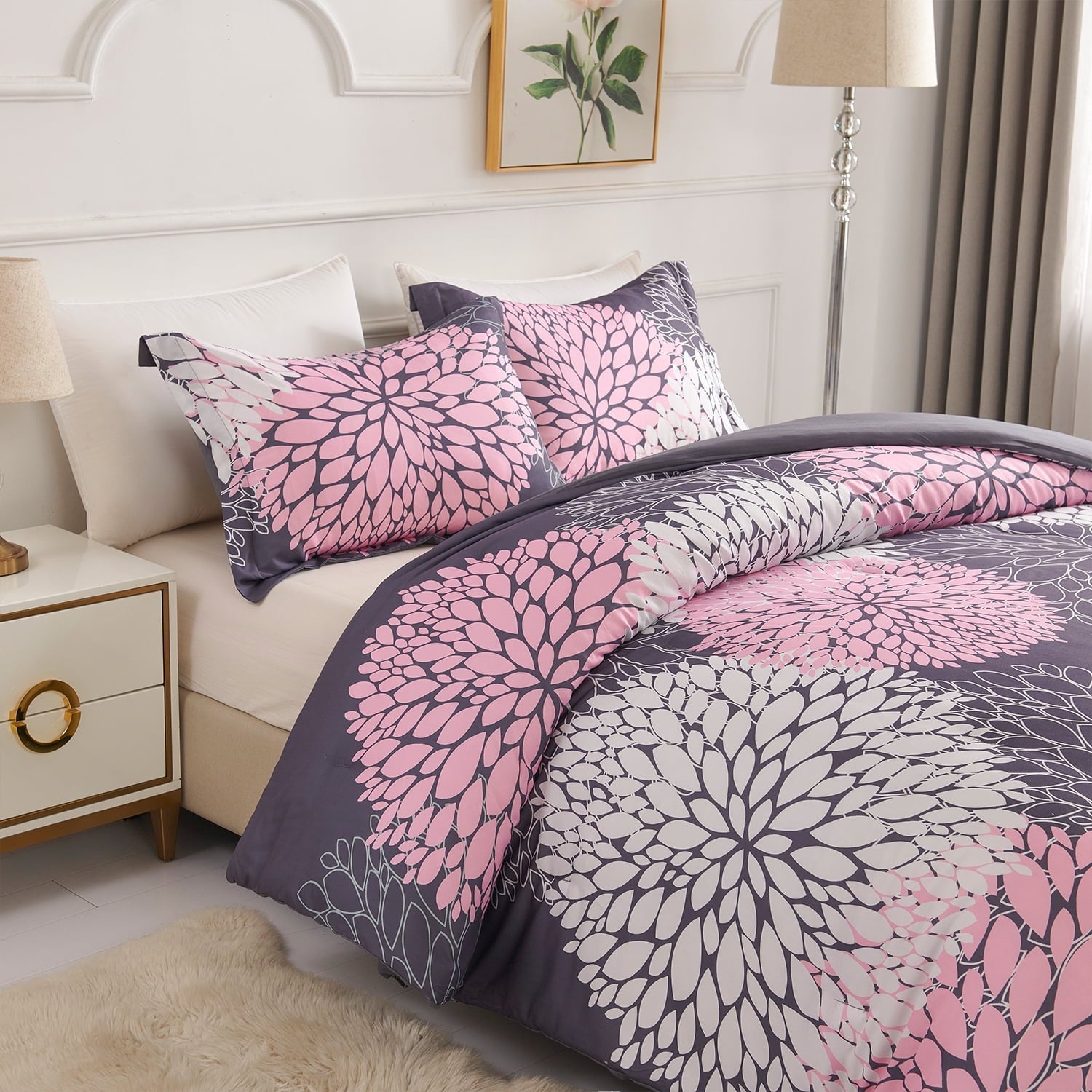 Fluffy Down Alternative 2 Pieces Pink Floral Comforter Set Twin Size, Botanical Bedding Sets with Cute Flowers Printing for Teen Girls - All-Season Down Alternative Comforter Insert Detail