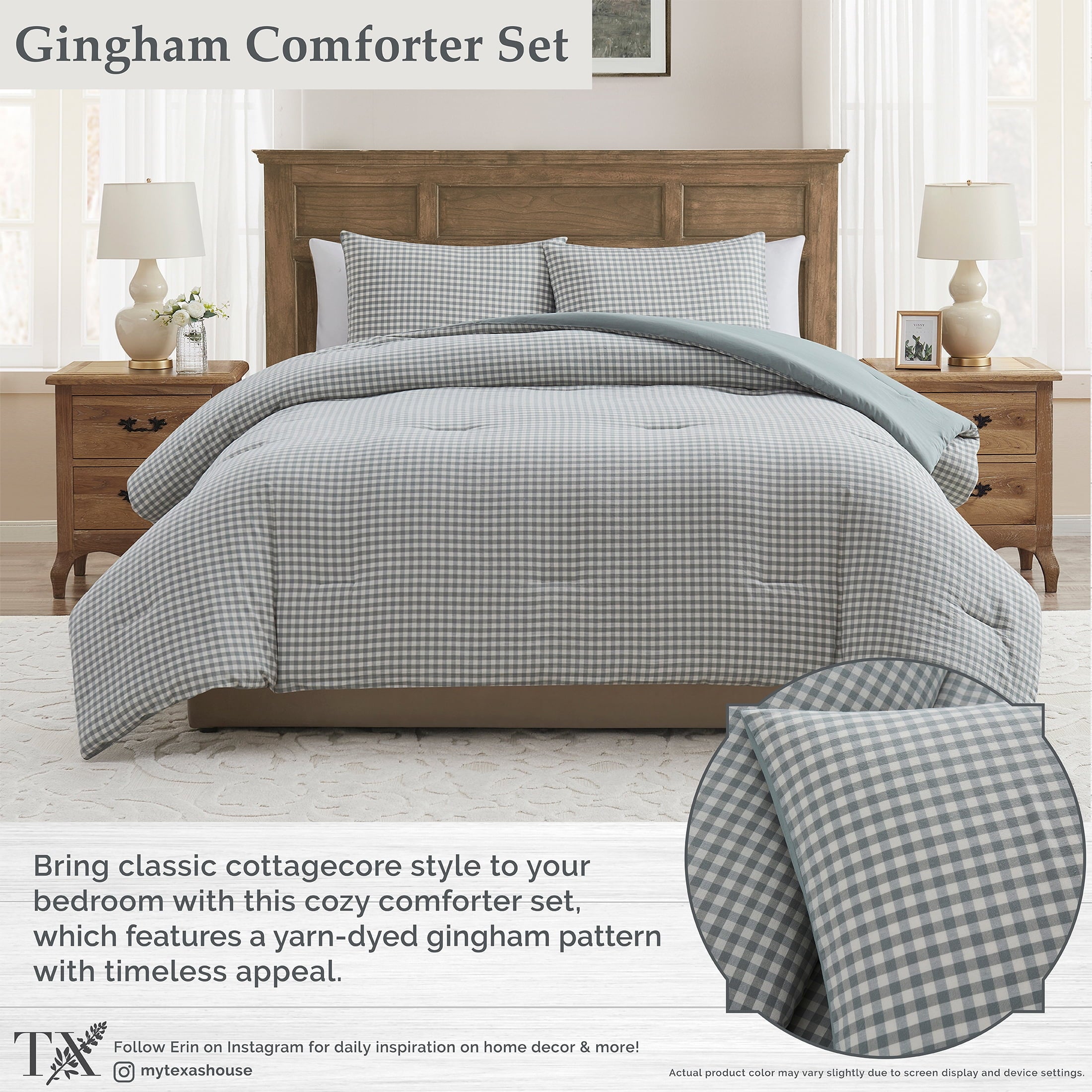 Heavyweight Warmth Full/Queen Comforter Set, All-Season, 3-Piece, Green Gingham Plaid - Cloud-Like Soft Lightweight Bed Comforter Detail