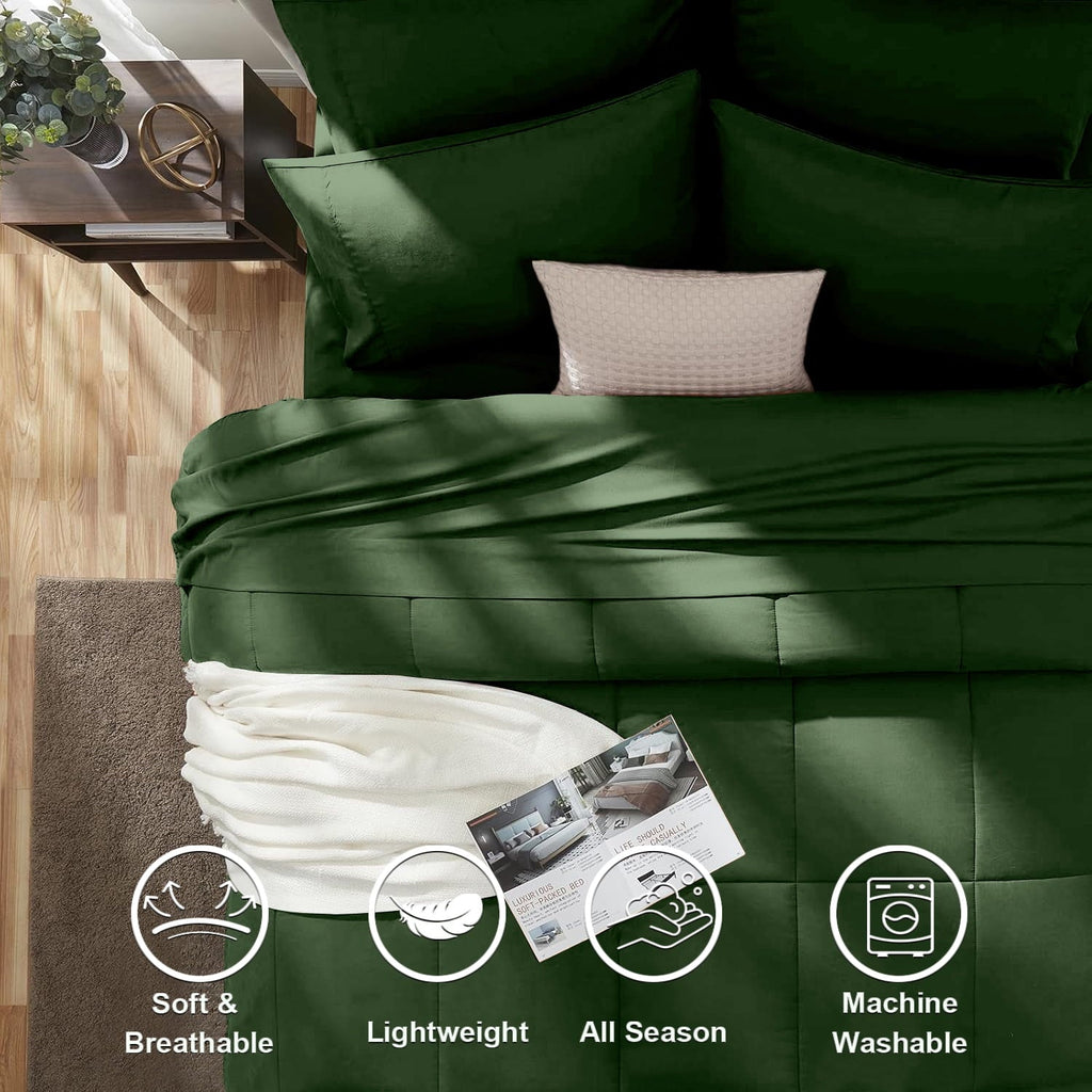Heavyweight Warmth Queen Comforter Set Forest Green Bed in a Bag Queen Size 7 Pieces Soft Bed Set Lightweight Microfiber Green Bedding C... - Luxurious Quilted Duvet Cover Set Detail