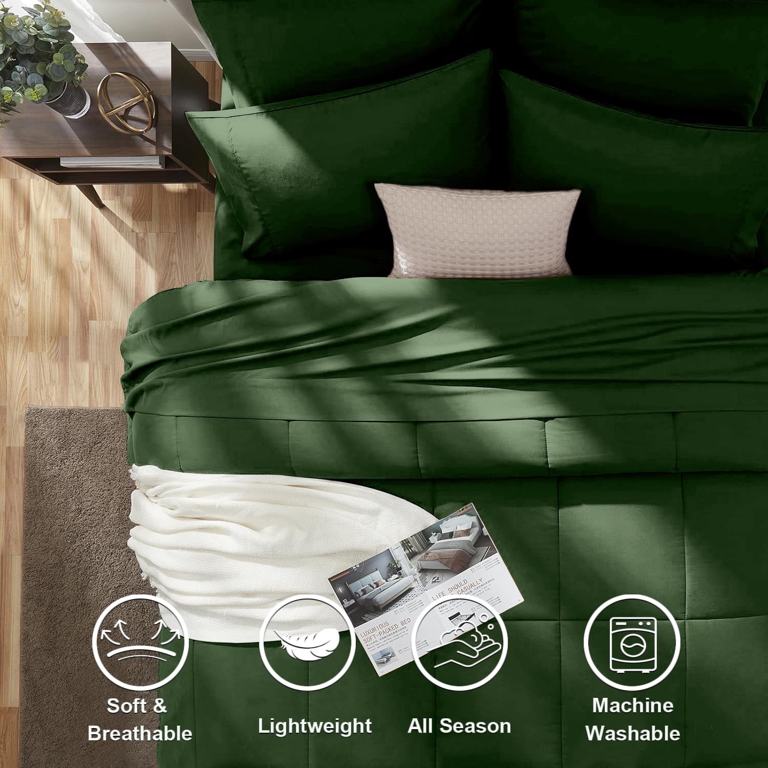 Heavyweight Warmth Queen Comforter Set Forest Green Bed in a Bag Queen Size 7 Pieces Soft Bed Set Lightweight Microfiber Green Bedding C... - Luxurious Quilted Duvet Cover Set Detail