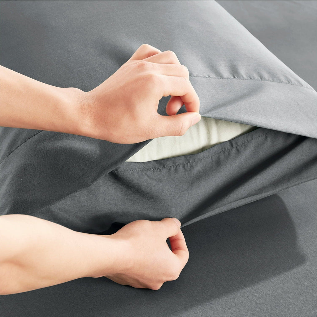 Premium Egyptian Cotton Virtu Bed Sheets Set, Deep Pocket Rayon Derived 4 Piece Queen Sheets sets, Gray - Premium Ultra-Soft Pillowcase Pair for Sleeping Detail