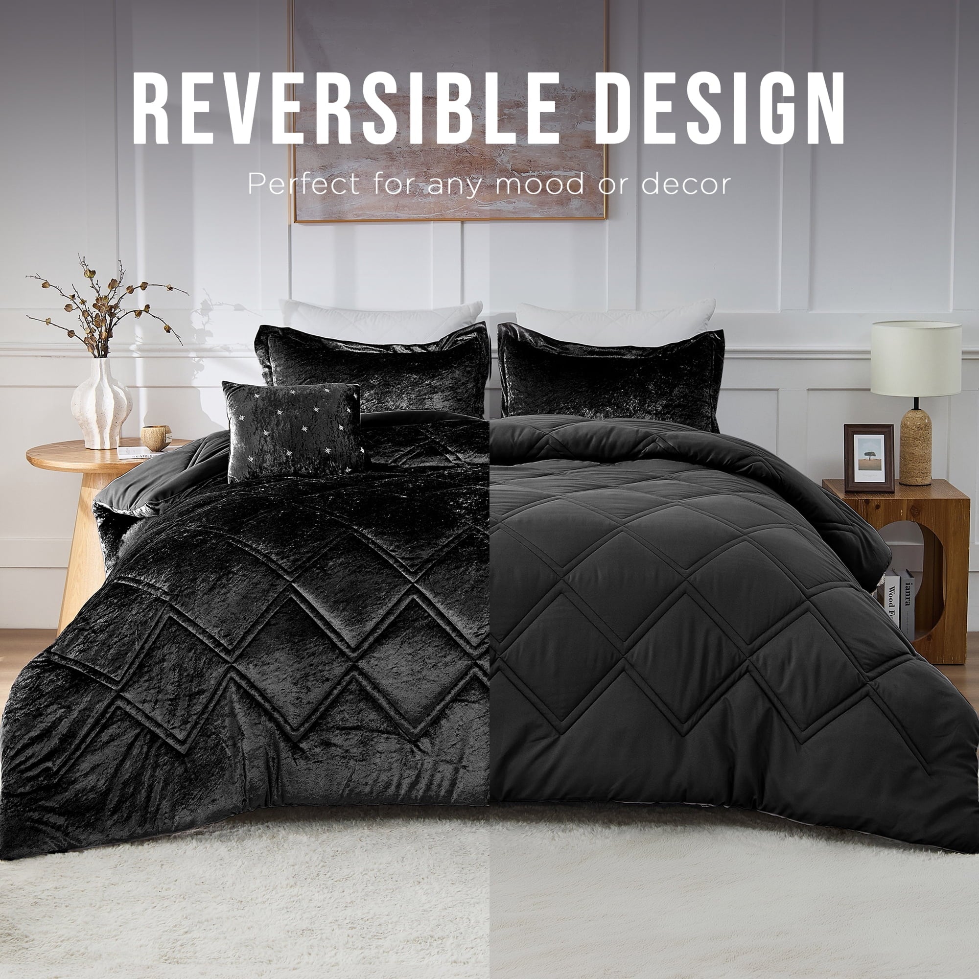 Heavyweight Warmth King/Cal King Size Comforter Sets, Velvet Bedding Comforter Set for All Seasons, Black Bedding Set with Decor Pillow - Luxurious Quilted Duvet Cover Set - Default Title