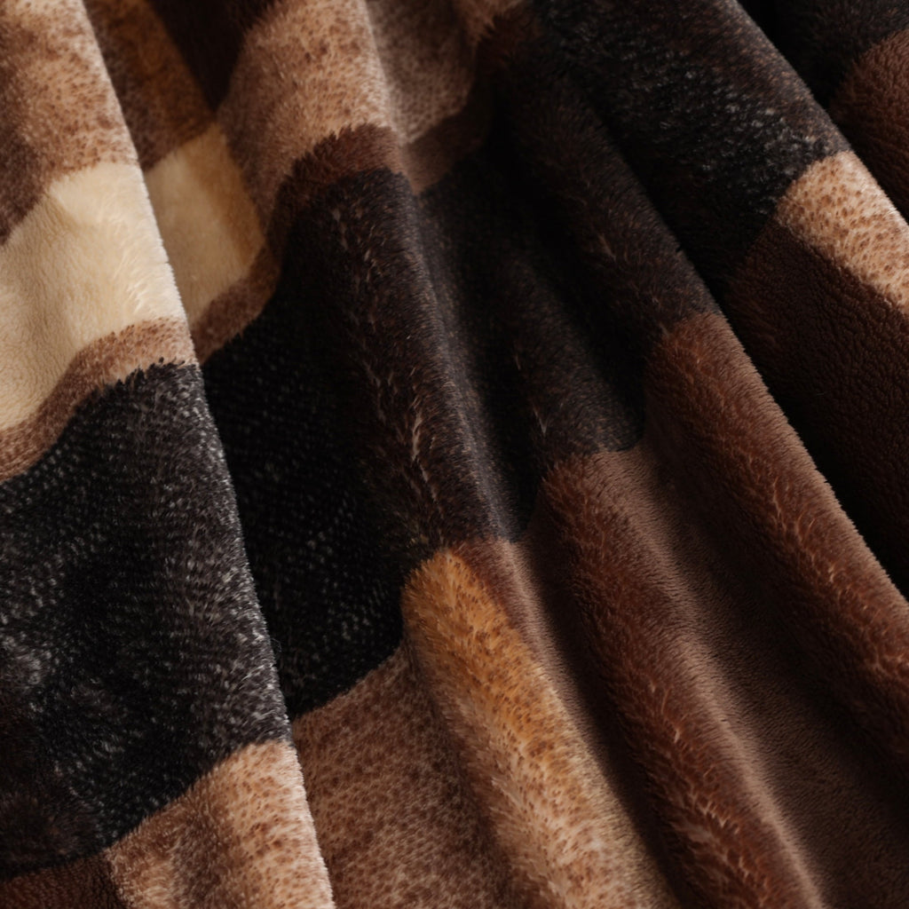 Decorative Knitted Printed Velvet Plush Super Soft Throw Blanket, Oversized, Shelton Brown Plaid - Luxury Knitted Decorative Throw Blanket with Fringes Detail