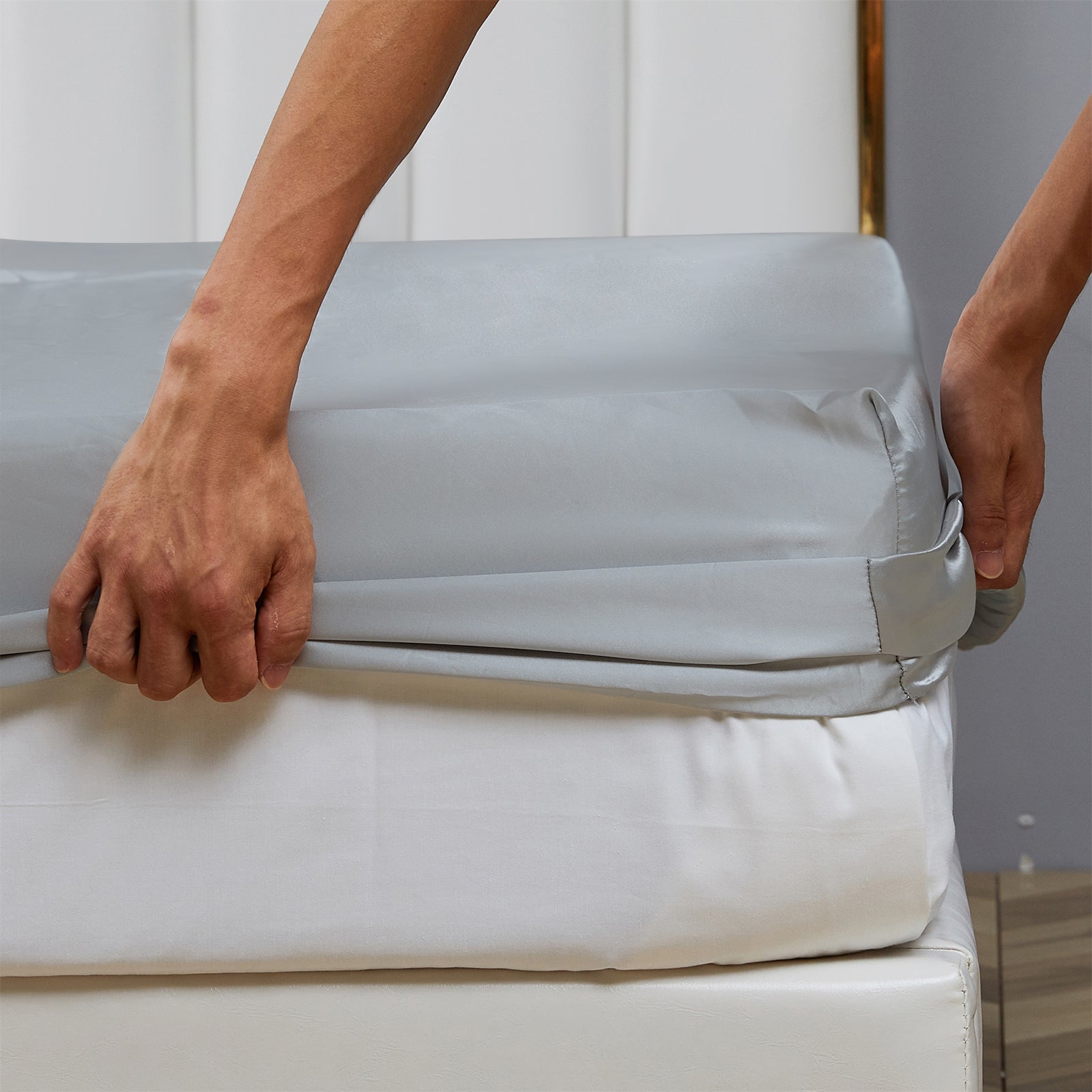 Wrinkle-Resistant Satin Fitted Sheet King Size 14 Inch Deep Pocket Bed Sheet Silk Sheet Ultra Soft Machine Washable, Light Gray - Cooling Hotel Quality Bedding Sheets and Pillowcases Detail