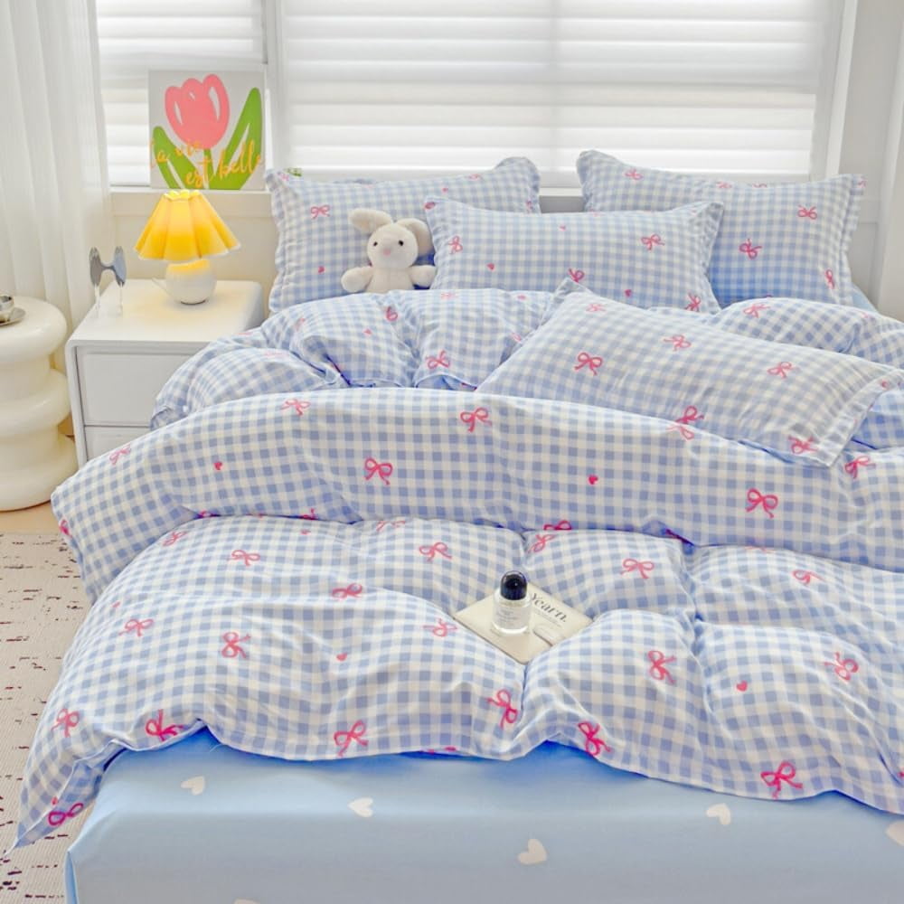 Luxurious Quilted 3-Piece Blue Plaid Pink Bows Comforter Full Set , Cute Soft Bedding Set for Kids Adults - Hypoallergenic Ultra-Fluffy Quilt for Winter Detail
